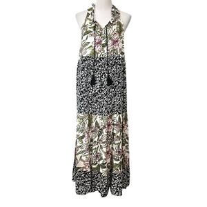 KAKTUS Womens Dress Floral Tiered Maxi Sleeveless Tassels Sz Large